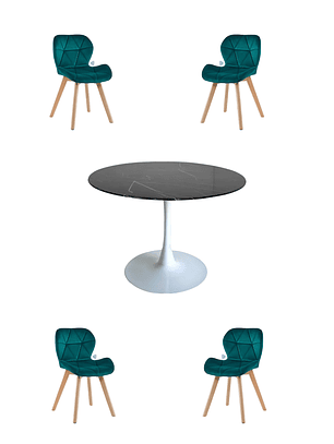 Comedor Mesa Redonda Tulip Cuarzo Negra + Sillas Radar Velvet
