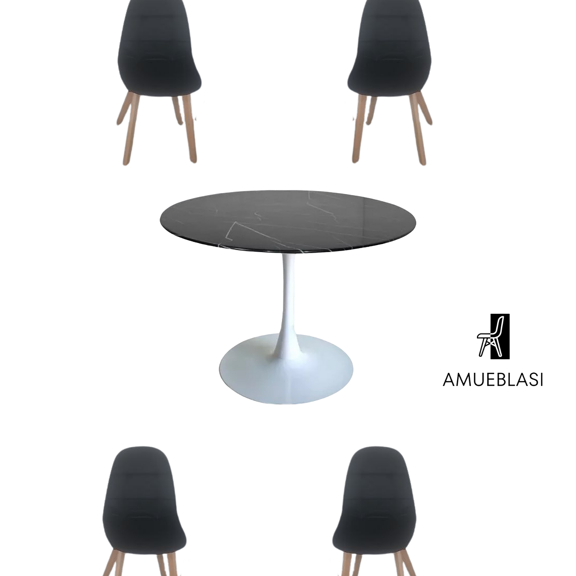 Comedor Mesa Redonda Tulip Cuarzo Negra + Sillas Capitone 1