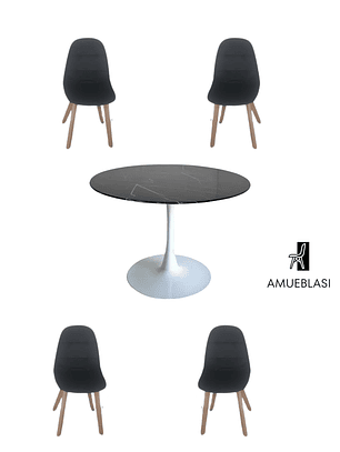 Comedor Mesa Redonda Tulip Cuarzo Negra + Sillas Capitone