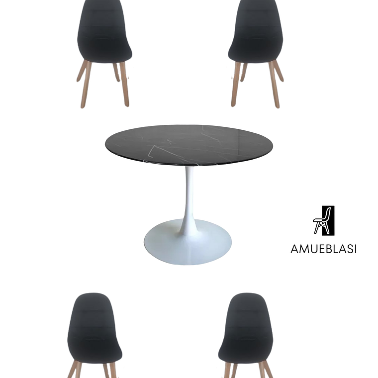 Comedor Mesa Redonda Tulip Cuarzo Negra + Sillas Capitone 1