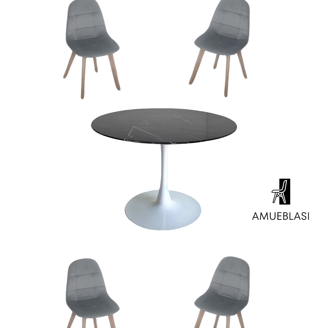 Comedor Mesa Redonda Tulip Cuarzo Negra + Sillas Capitone 2