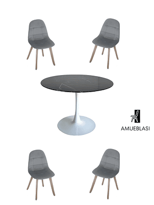 Comedor Mesa Redonda Tulip Cuarzo Negra + Sillas Capitone