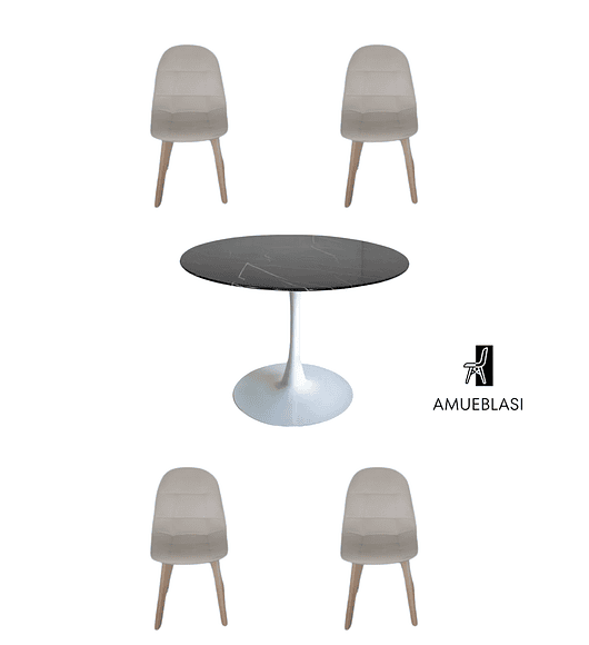 Comedor Mesa Redonda Tulip Cuarzo Negra + Sillas Capitone - beige