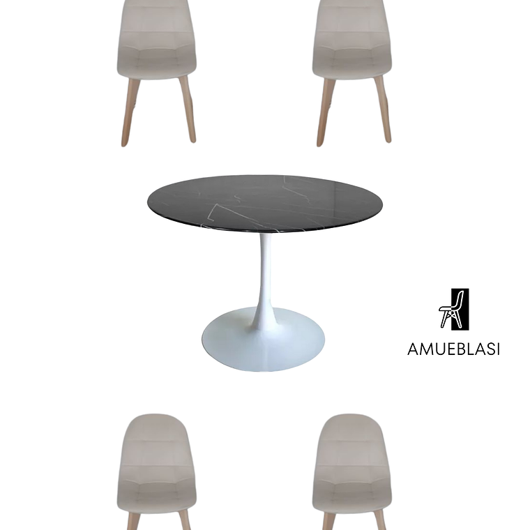 Comedor Mesa Redonda Tulip Cuarzo Negra + Sillas Capitone 3