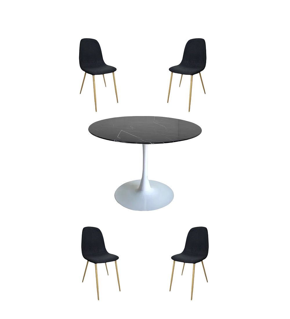 Comedor Mesa Redonda Tulip Cuarzo Negra + Sillas Scoop