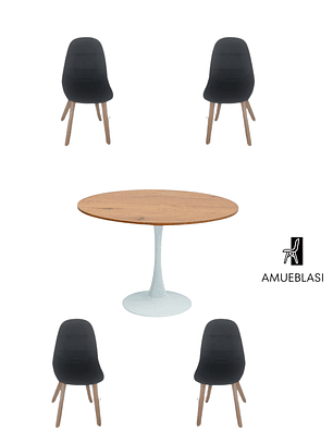 Comedor Mesa Redonda Tulip Madera + Sillas Capitone