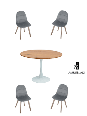 Comedor Mesa Redonda Tulip Madera + Sillas Capitone
