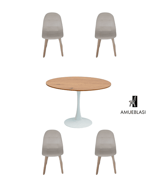 Comedor Mesa Redonda Tulip Madera + Sillas Capitone - beige