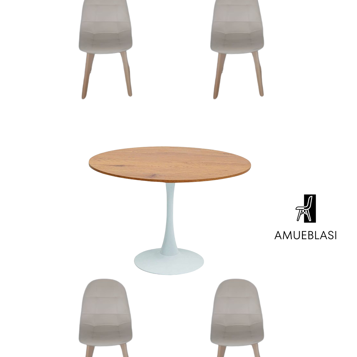 Comedor Mesa Redonda Tulip Madera + Sillas Capitone 3