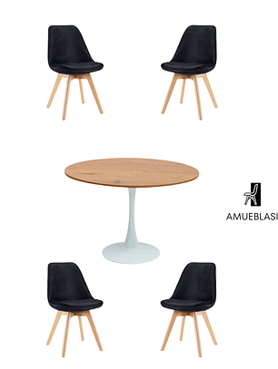 Comedor Mesa Redonda Tulip Madera + Sillas Tulip Velvet