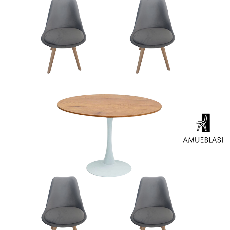 Comedor Mesa Redonda Tulip Madera + Sillas Tulip Velvet 1