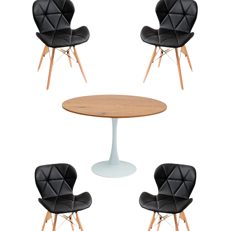 Comedor Mesa Redonda Tulip Madera + Sillas Radar 4