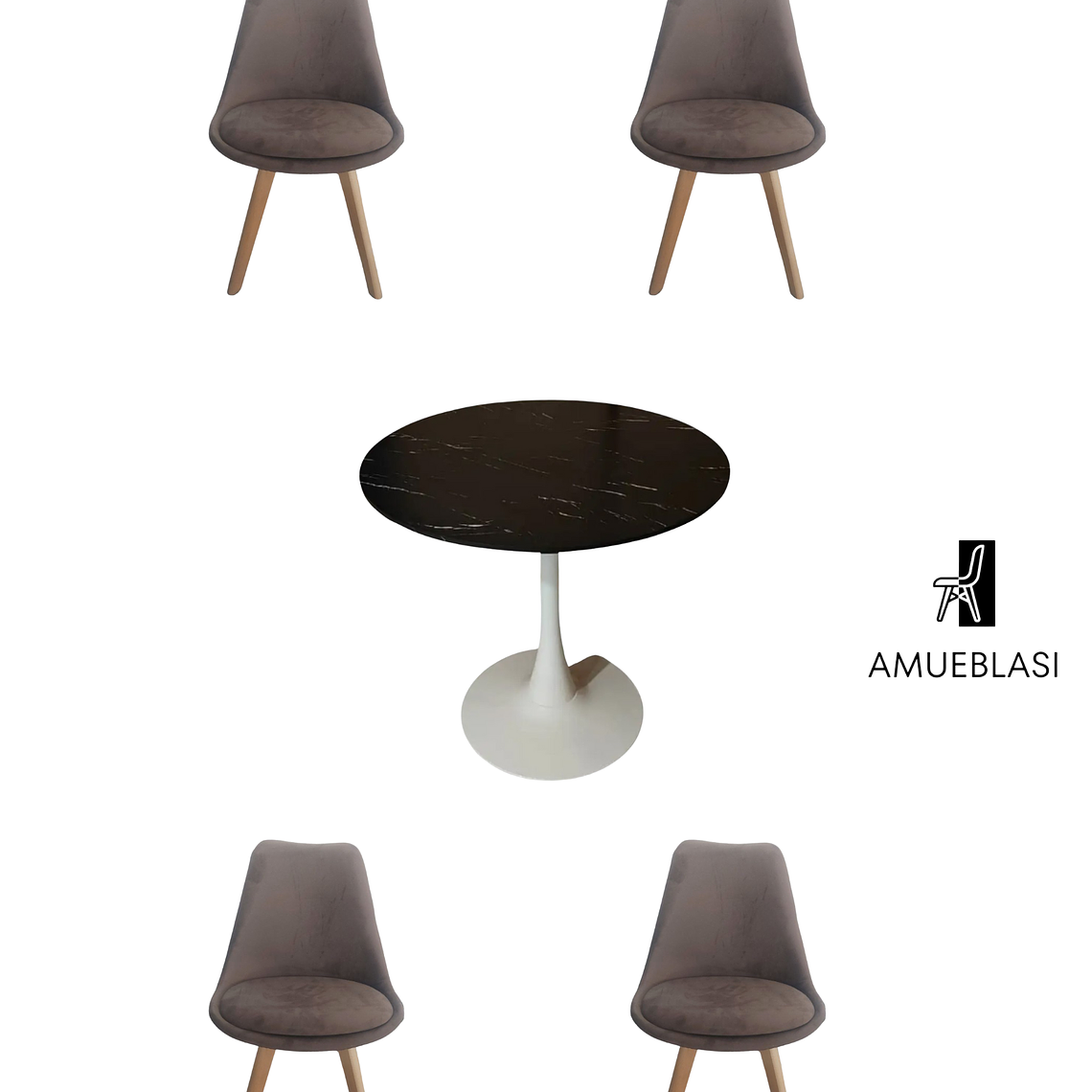 Comedor Mesa Redonda Tulip Cuarzo Negra + Sillas Tulip Velvet 1