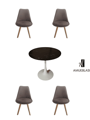 Comedor Mesa Redonda Tulip Cuarzo Negra + Sillas Tulip Velvet