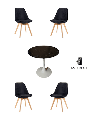 Comedor Mesa Redonda Tulip Cuarzo Negra + Sillas Tulip Velvet