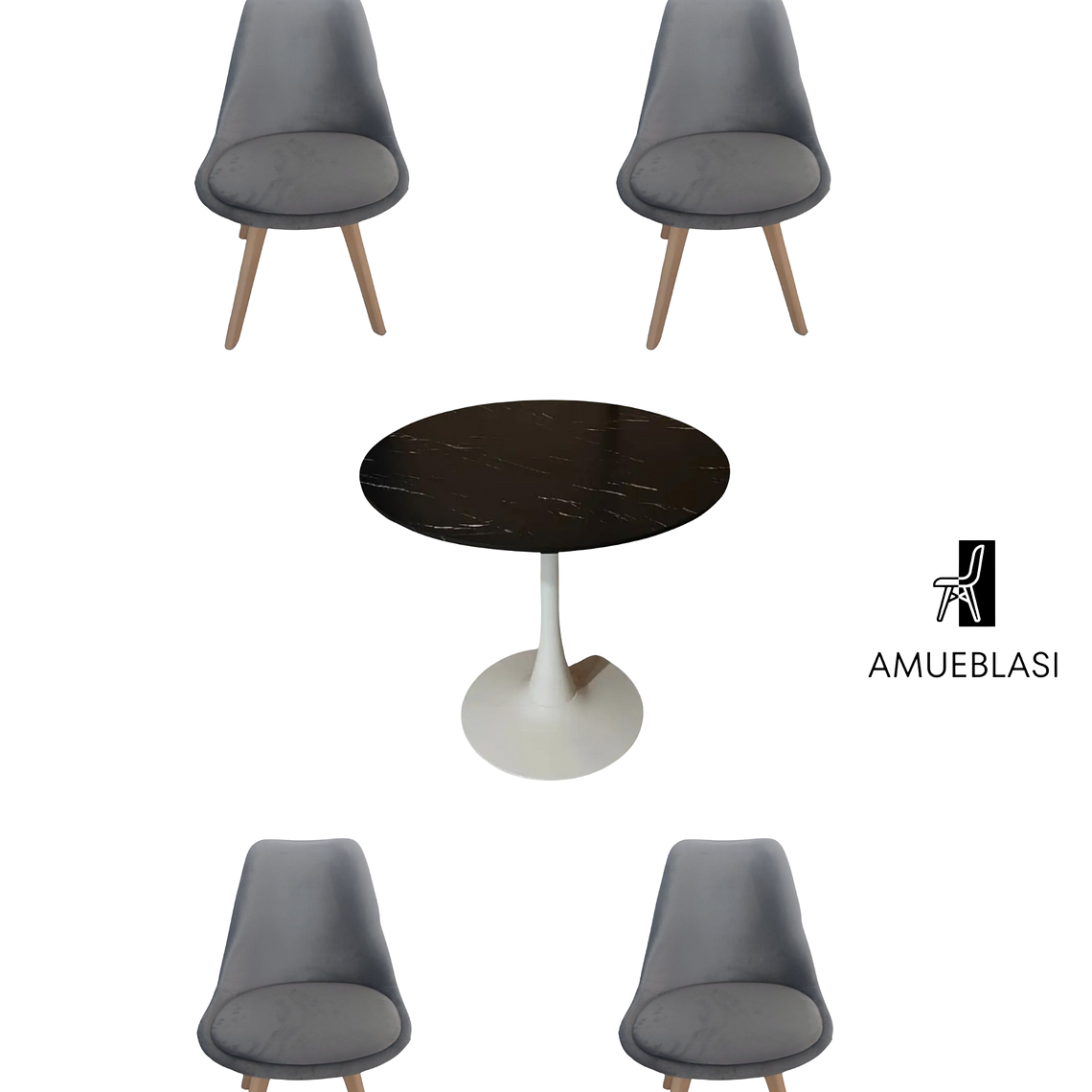 Comedor Mesa Redonda Tulip Cuarzo Negra + Sillas Tulip Velvet 3