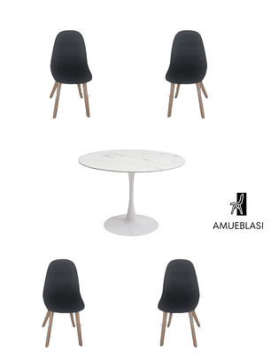 Comedor Mesa Redonda Tulip Cuarzo Blanco + Sillas Capitone