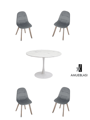 Comedor Mesa Redonda Tulip Cuarzo Blanco + Sillas Capitone