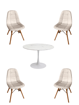 Comedor Mesa Redonda Tulip Cuarzo Blanco + Sillas Buckle