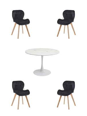 Comedor Mesa Redonda Tulip Cuarzo Blanco + Sillas Radar Velvet