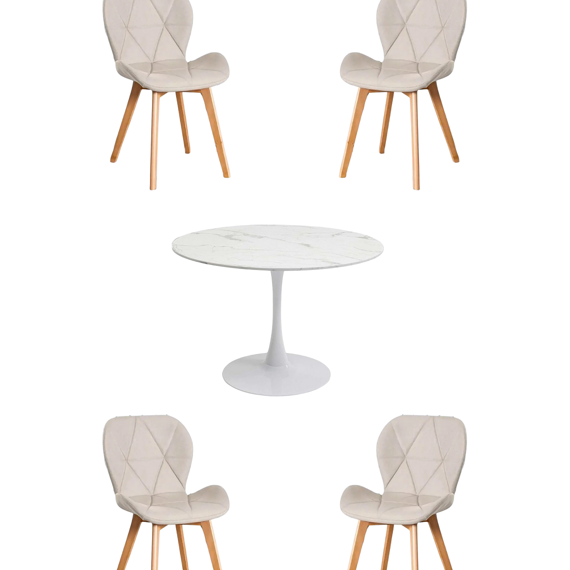 Comedor Mesa Redonda Tulip Cuarzo Blanco + Sillas Radar Velvet 4