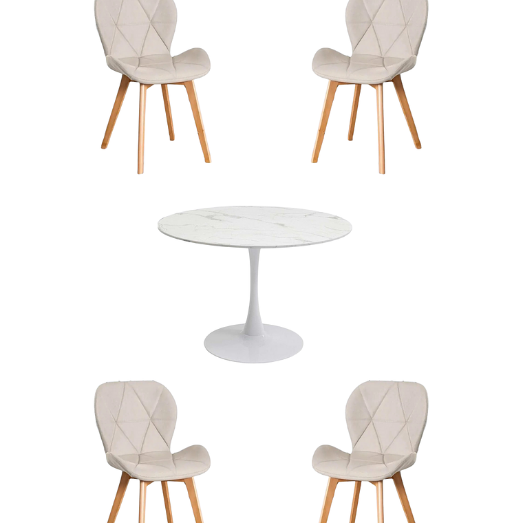 Comedor Mesa Redonda Tulip Cuarzo Blanco + Sillas Radar Velvet 4