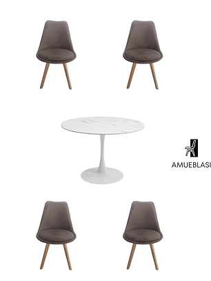 Comedor Mesa Redonda Tulip Cuarzo Blanco + Sillas Tulip Velvet