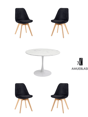 Comedor Mesa Redonda Tulip Cuarzo Blanco + Sillas Tulip Velvet
