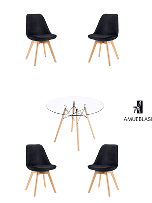 Comedor Mesa Redonda Vidrio Eames + Sillas Tulip Velvet