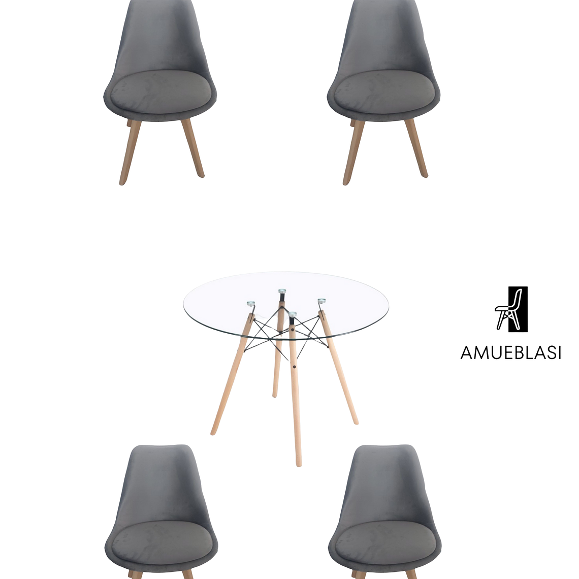 Comedor Mesa Redonda Vidrio Eames + Sillas Tulip Velvet 3