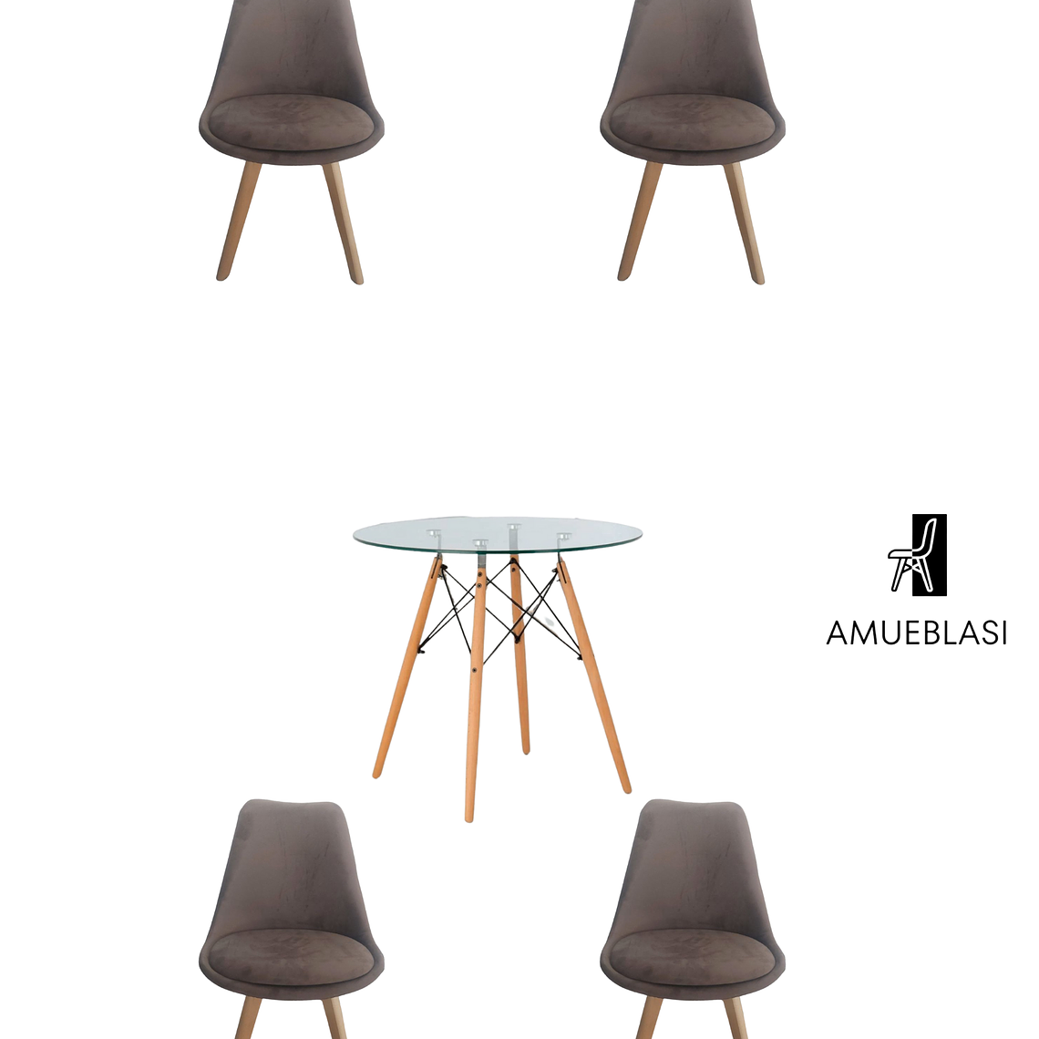 Comedor Mesa Redonda Vidrio Eames + Sillas Tulip Velvet 4