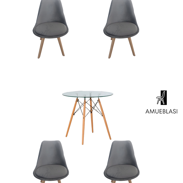 Comedor Mesa Redonda Vidrio Eames + Sillas Tulip Velvet 6