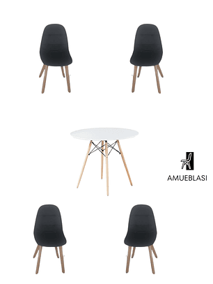 Comedor Mesa Redonda Melamina Eames Blanca + Sillas Capitone