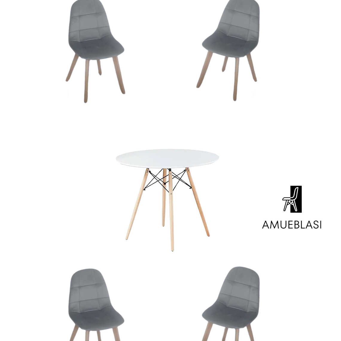 Comedor Mesa Redonda Melamina Eames Blanca + Sillas Capitone 1