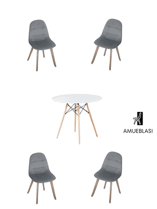 Comedor Mesa Redonda Melamina Eames Blanca + Sillas Capitone