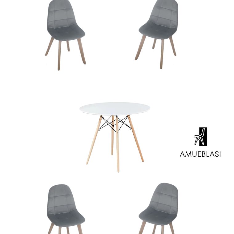 Comedor Mesa Redonda Melamina Eames Blanca + Sillas Capitone 1