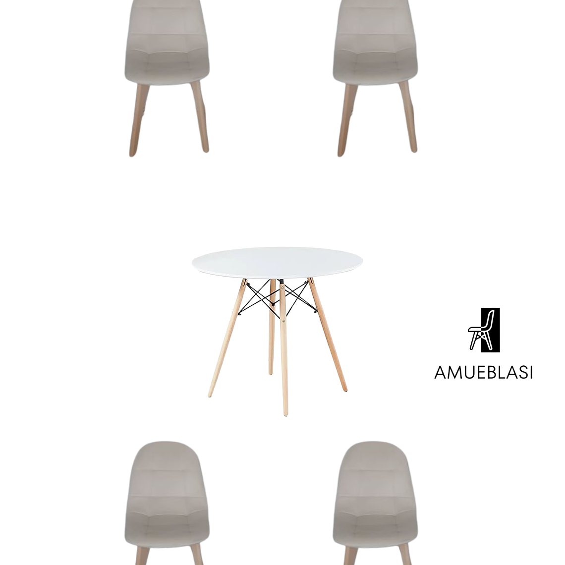 Comedor Mesa Redonda Melamina Eames Blanca + Sillas Capitone 3