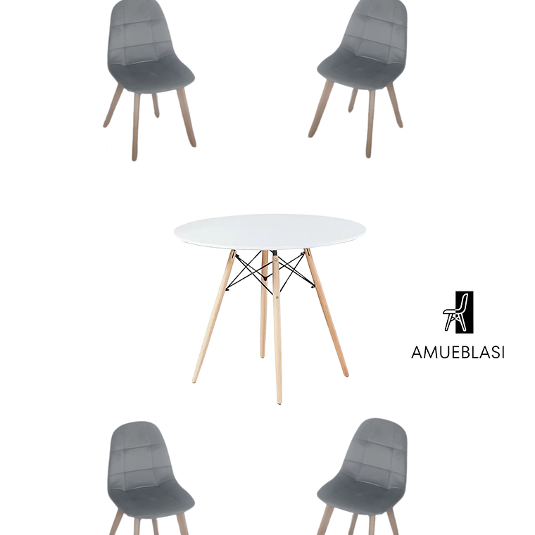 Comedor Mesa Redonda Melamina Eames Blanca + Sillas Capitone 5