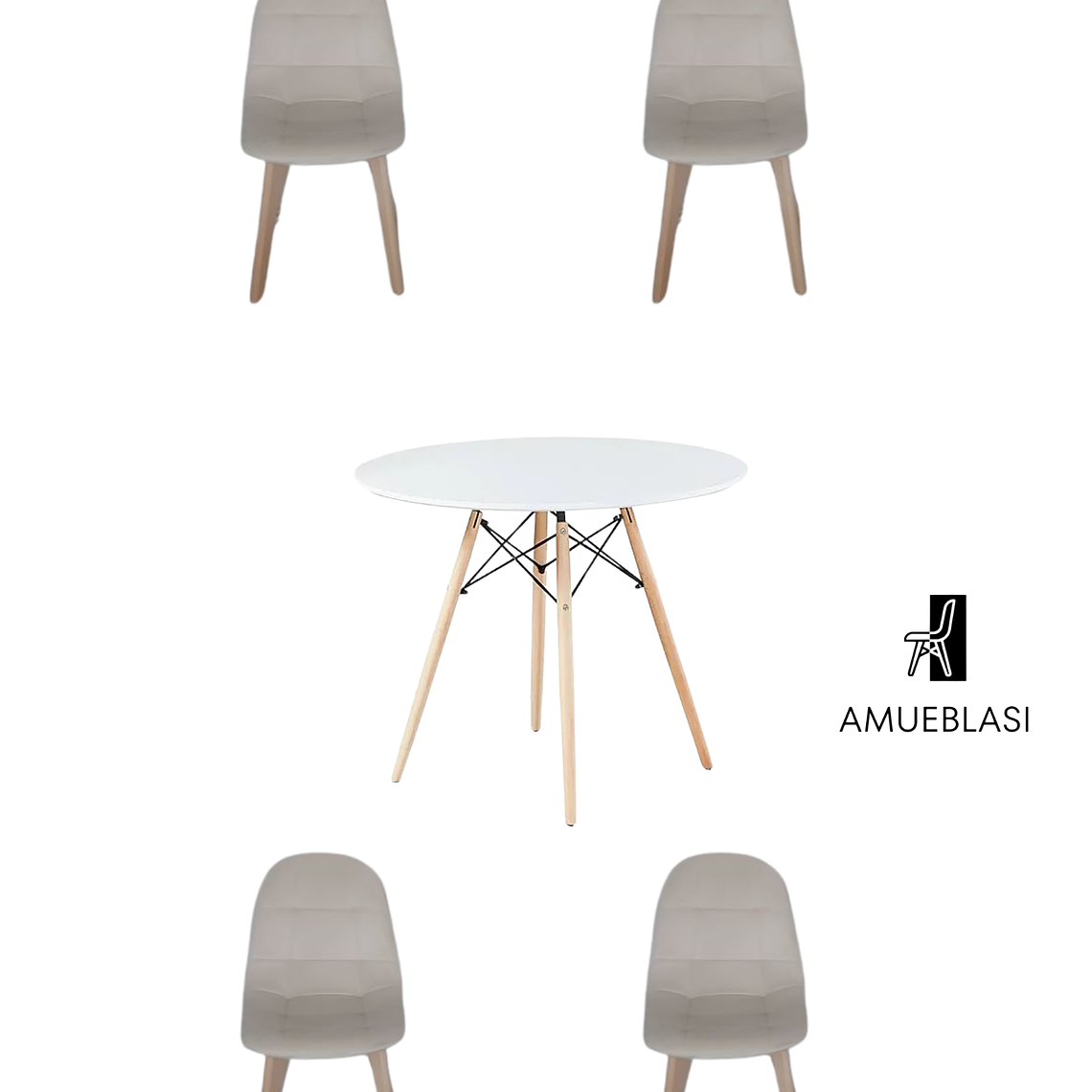 Comedor Mesa Redonda Melamina Eames Blanca + Sillas Capitone 6