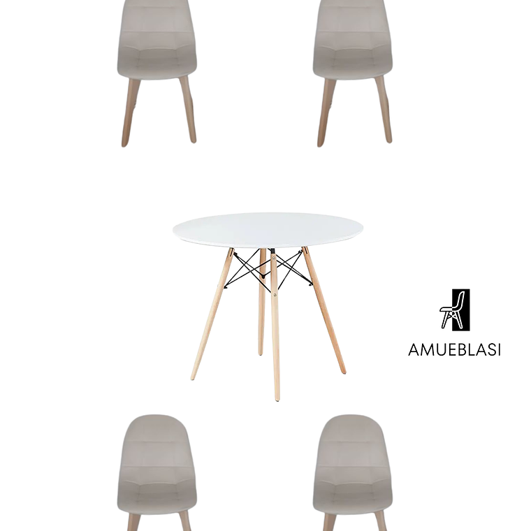 Comedor Mesa Redonda Melamina Eames Blanca + Sillas Capitone 6