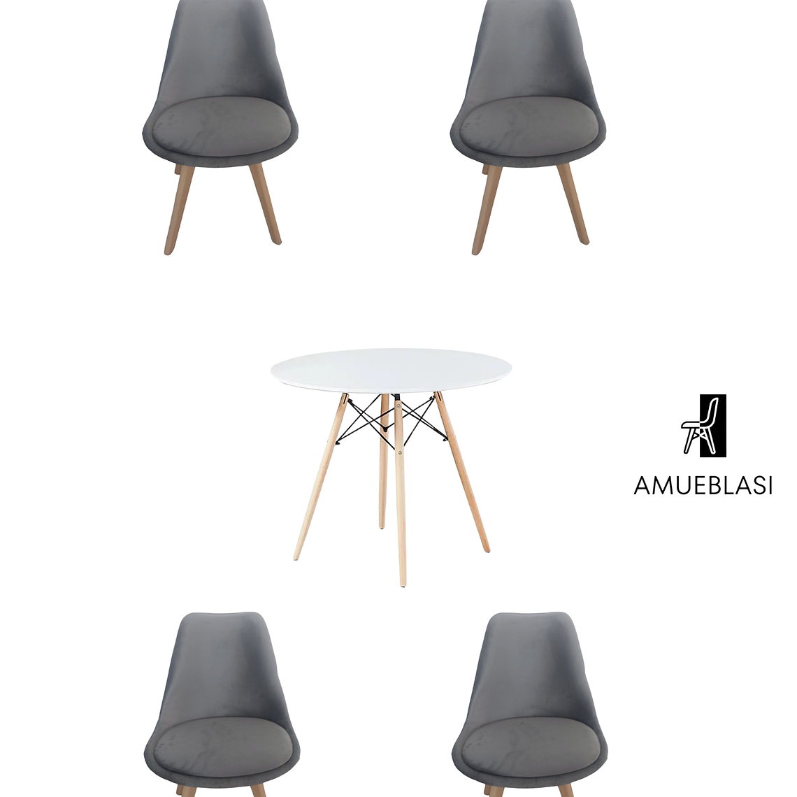 Comedor Mesa Redonda Melamina Eames Blanca + Sillas Tulip Velvet 3