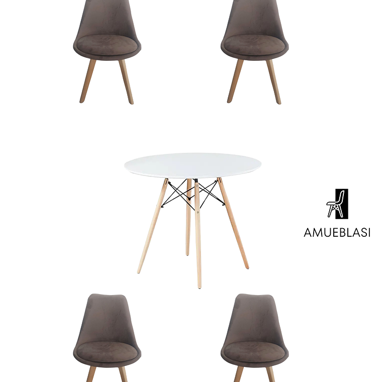 Comedor Mesa Redonda Melamina Eames Blanca + Sillas Tulip Velvet 4