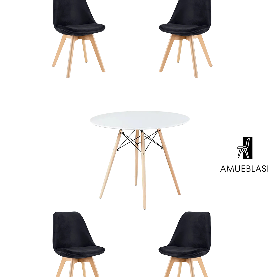 Comedor Mesa Redonda Melamina Eames Blanca + Sillas Tulip Velvet 5