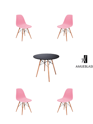 Comedor Mesa Redonda Melamina Eames Negra + Sillas Eames