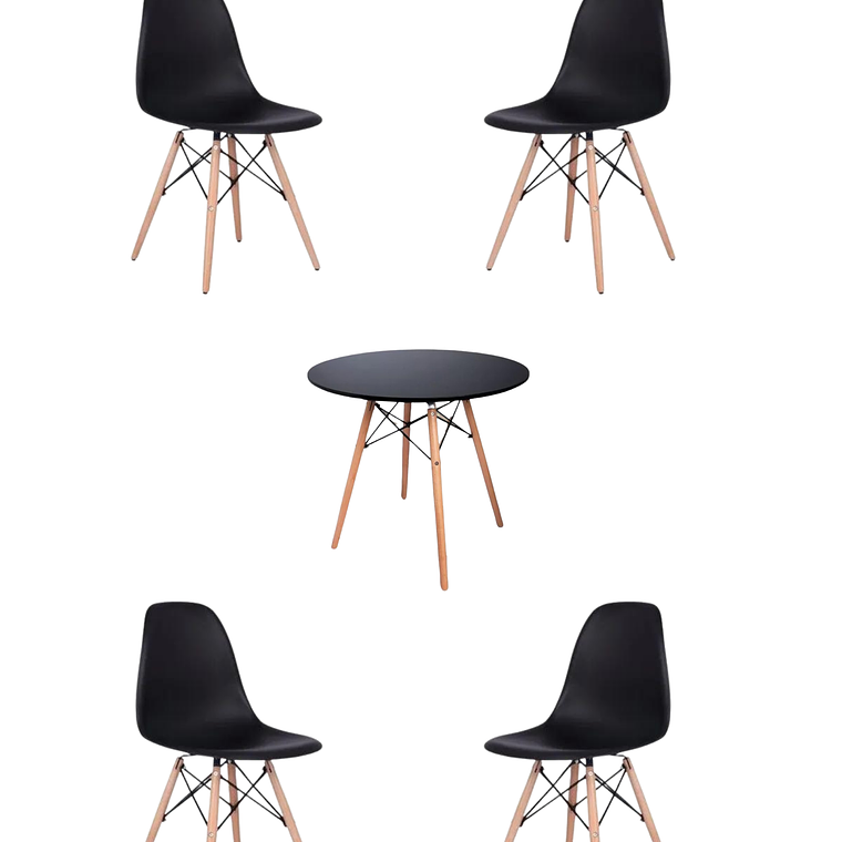Comedor Mesa Redonda Melamina Eames Negra + Sillas Eames 2
