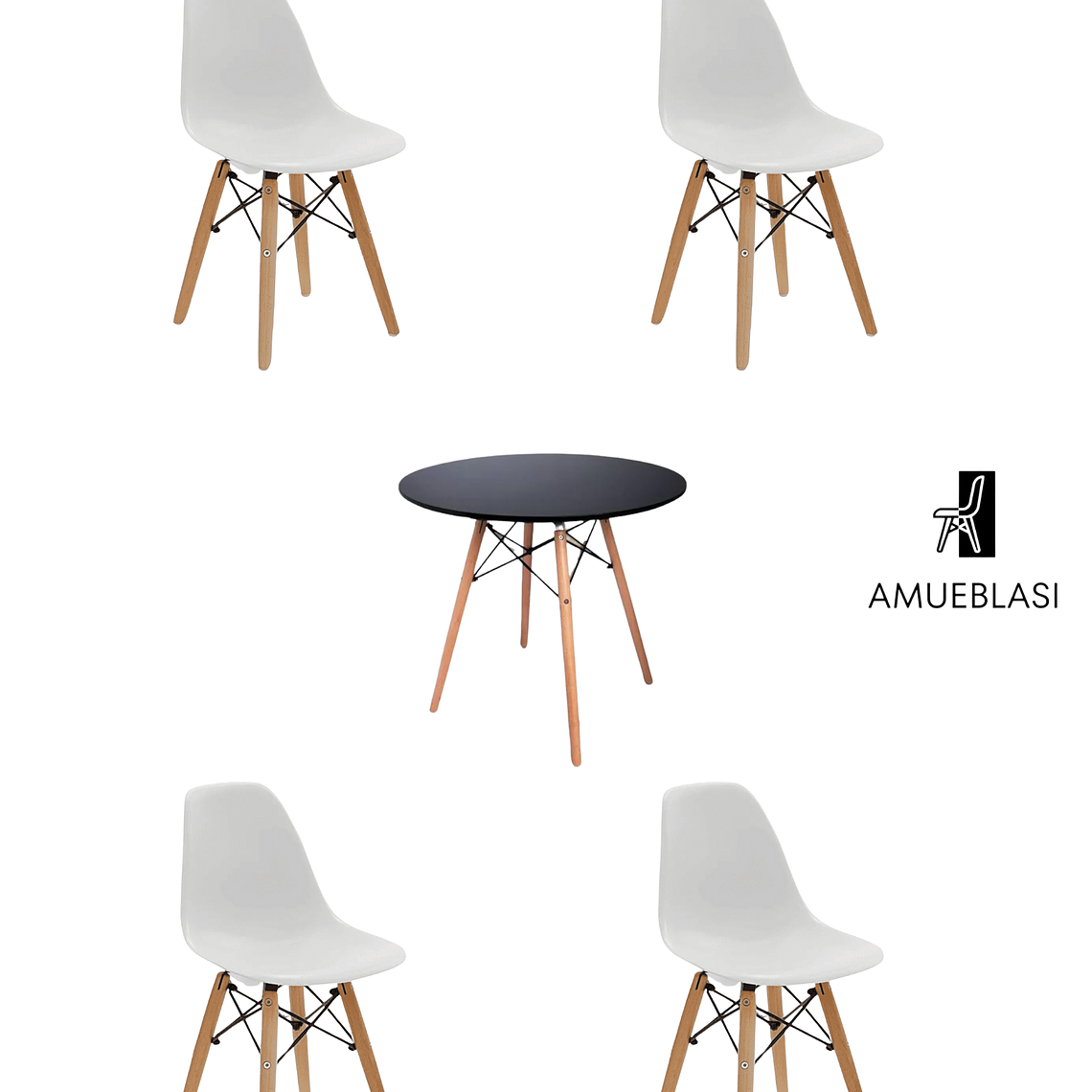 Comedor Mesa Redonda Melamina Eames Negra + Sillas Eames 4