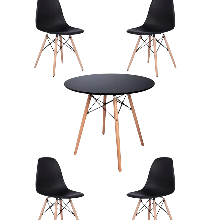 Comedor Mesa Redonda Melamina Eames Negra + Sillas Eames 6