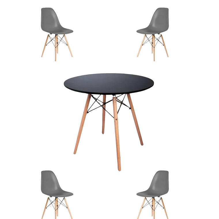 Comedor Mesa Redonda Melamina Eames Negra + Sillas Eames 7
