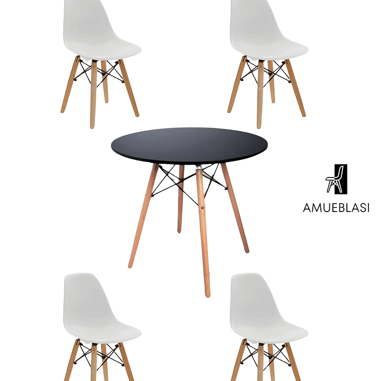 Comedor Mesa Redonda Melamina Eames Negra + Sillas Eames 8