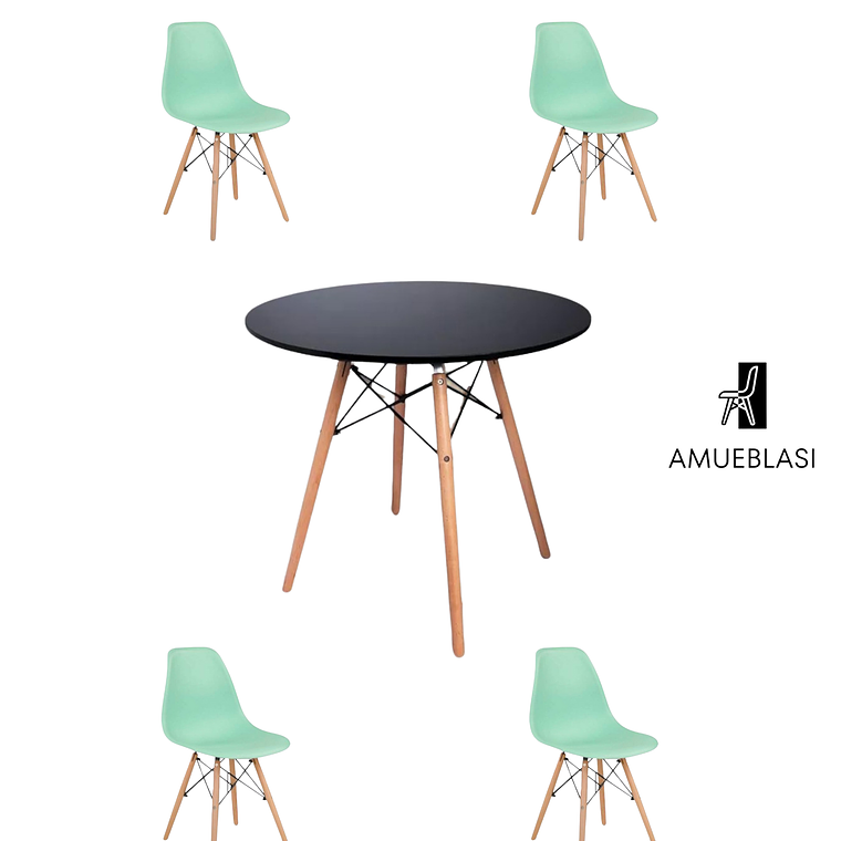 Comedor Mesa Redonda Melamina Eames Negra + Sillas Eames 9